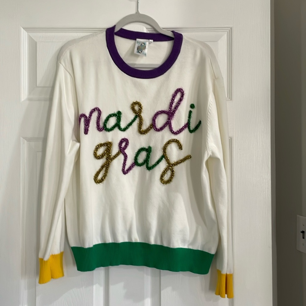 QUEEN OF SPARKLES White Mardi Gras Sweater with Purple, Green & Gold Trim